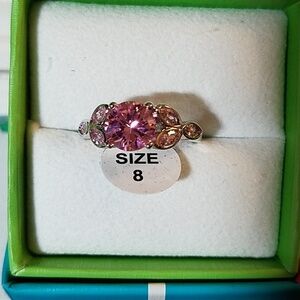 Pink & Rhinestone Silver Tone Ring Size 8, 9 or 10